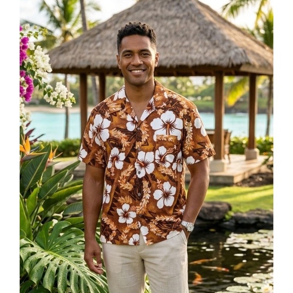 Royal Hawaiian Vintage Hibiscus Floral Shirt Mens XXL Aloha Brown Made in Hawaii